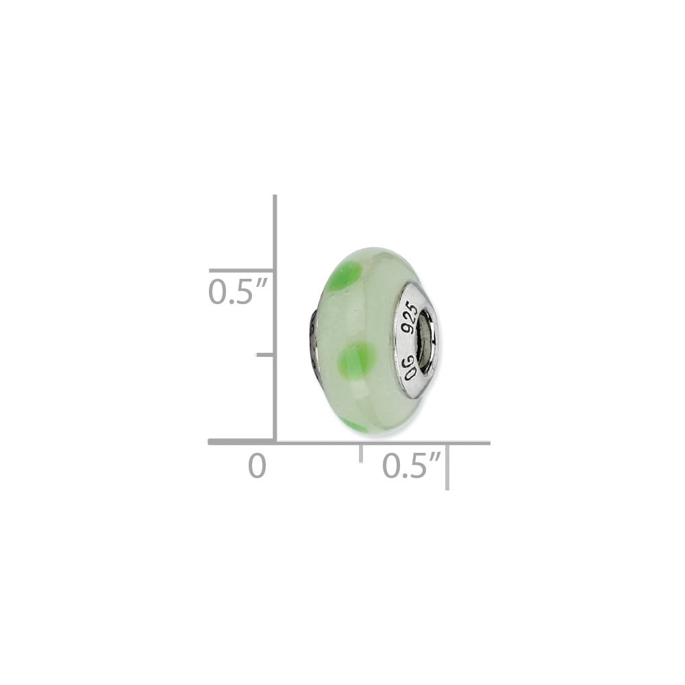 Fancy Bead White Sterling Silver Glass 12.73 mm 7.27 Reflections Lt Green Withgreen Dots Italian Murano Bead