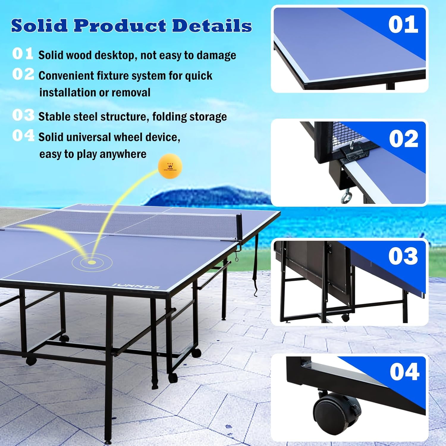 HooKung 9ft Foldable Ping Pong Table, Profession Portable Table Tennis Table Set with 2 Paddles and 3 Balls for Indoor Outdoor Games