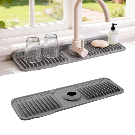 Sasio Faucet Mat for Kitchen Sink, 17.7"X5.5" Silicone Sink Splash Guard , Snap-On Design & 7°slope Fast Drain, Folding Sink Faucet Mat for Universal Kitchen Bathroom Sink(Grey)