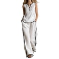thumbnail image 2 of Cagogo Women's 2 Piece Sleeveless V Neck T-Shirt Wide Leg Pants Set Casual Boho Vacation Outfit Loose Summer Travel Matching Lounge Suits Tracksuit Clothes, White S, 2 of 6