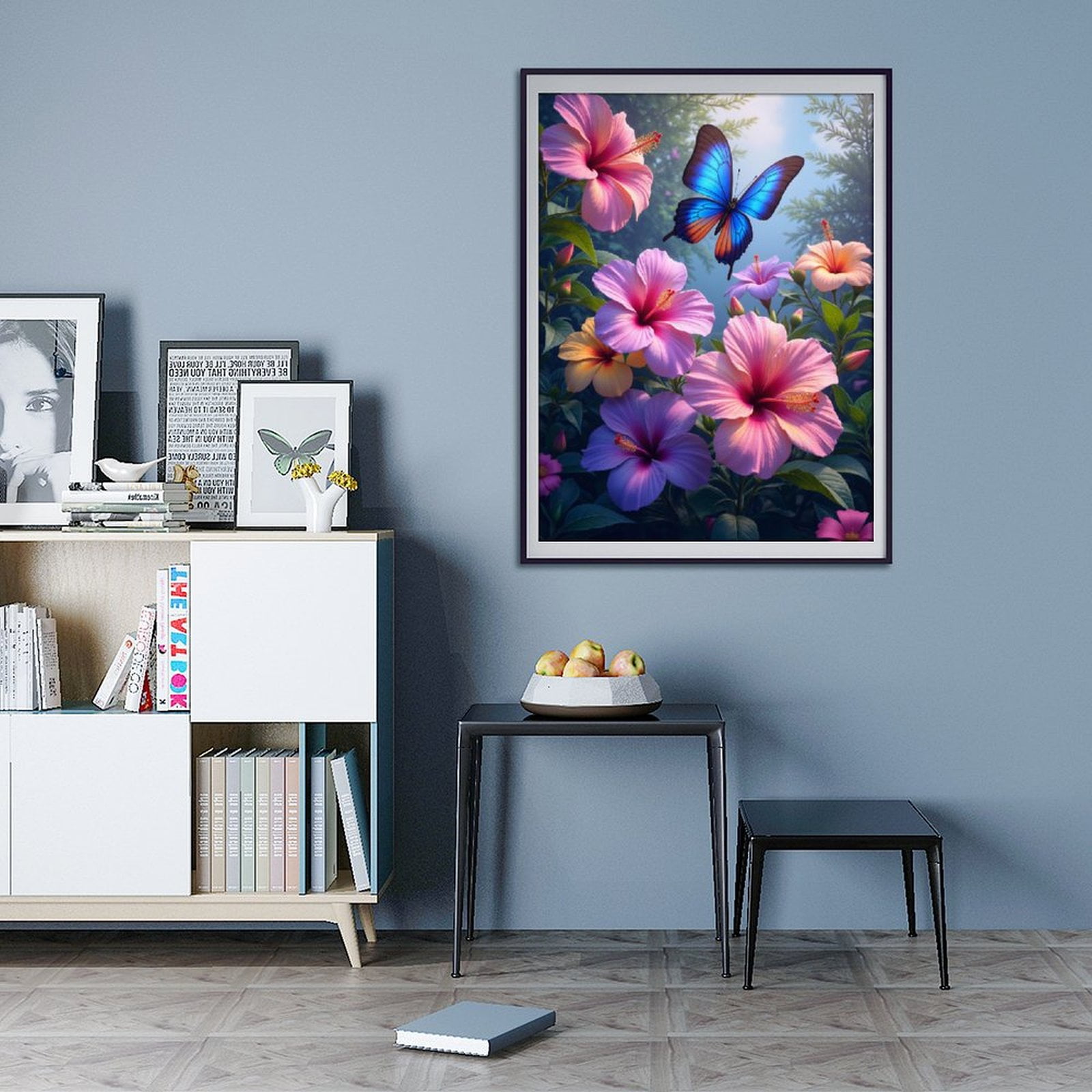 Diamond Art Kit for Adults, Blue Butterfly Pink Hibiscus Garden Diamond Painting for Adults Beginners, DIY Diamond Art Painting Kits, 5D Diamond Painting Crafts for Home Decor 12x16 Frameless