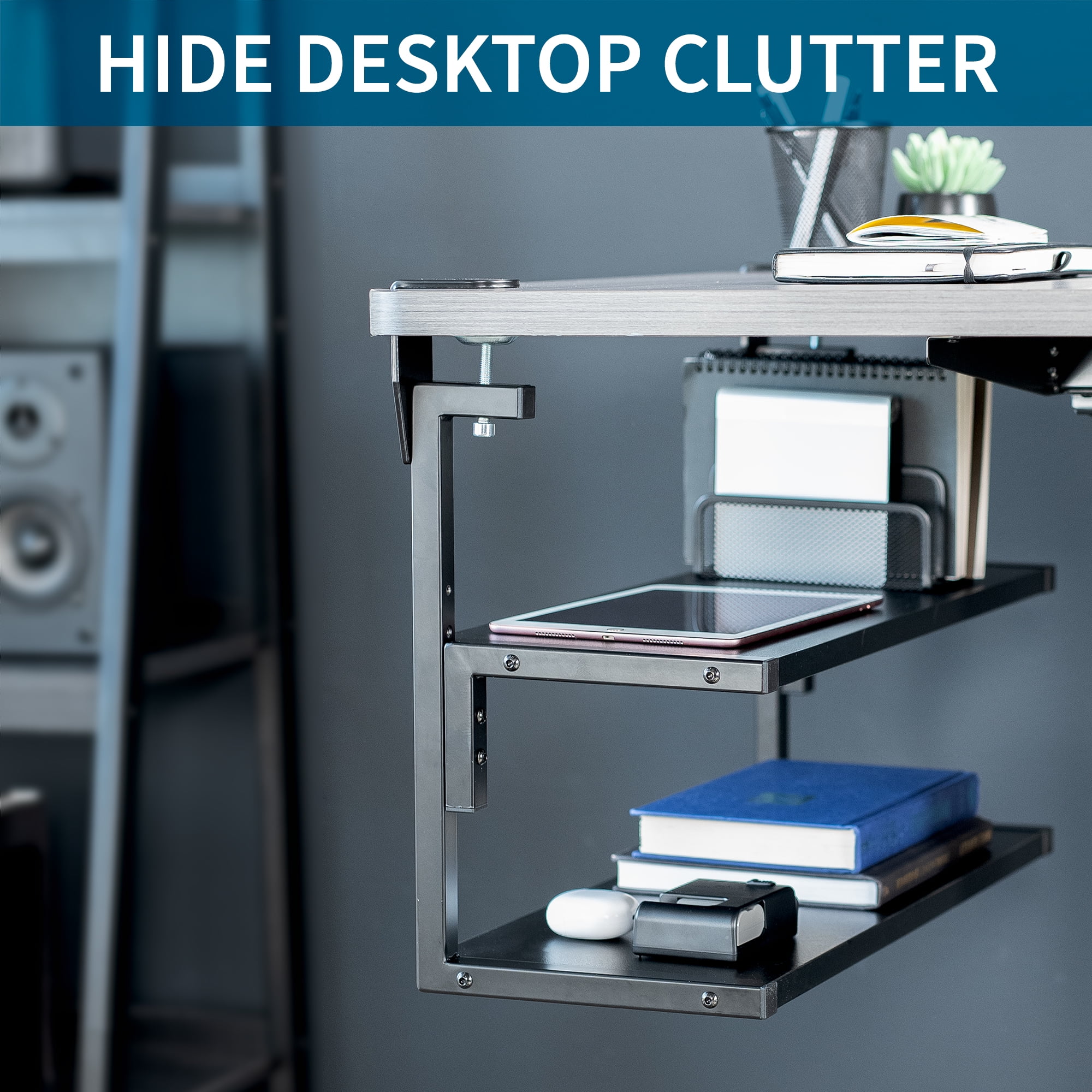VIVO Black Clamp-on 24" Above or Below Desk 2-Tier Shelving Unit, Desk Organizer
