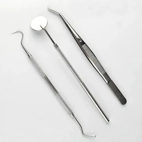 Basic 3-Piece Examination Set. Includes 1 Oral Mirror, 1 Probe & 1 Cotton Plier