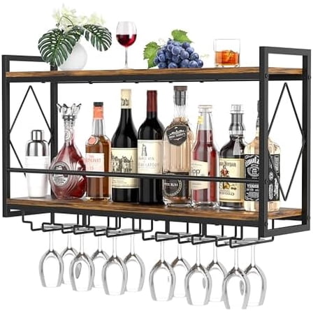 2 Tier Wall Mounted Wine Rack with LED Light,Metal Bar Liquor Shelves with Glass Holder Industrial Wall Mounted Wine Rack for Kitchen Home Bar Dining Room Living Room