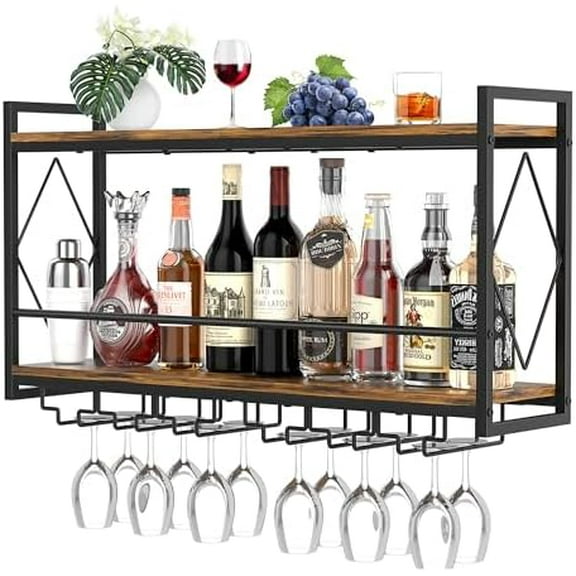 2 Tier Wall Mounted Wine Rack with LED Light,Metal Bar Liquor Shelves with Glass Holder Industrial Wall Mounted Wine Rack for Kitchen Home Bar Dining Room Living Room