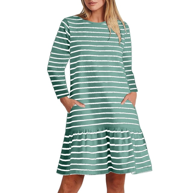 cfhntfmh Robes de Détente pour Femmes Imprimé Décontracté Manches Longues Col Rond Robe Midi avec Poches Automne Ourlet à Volants Robe de Plage