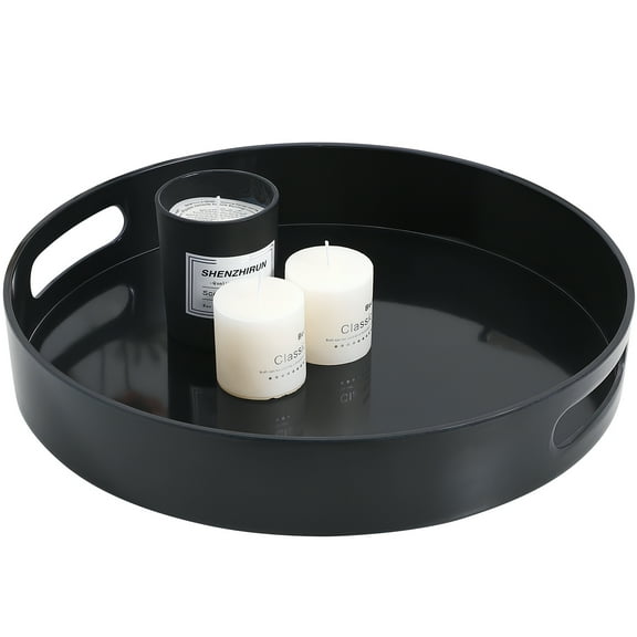 OUNONA Round Coffee Table Tray Black Plastic Convenient Handle for Home Decor