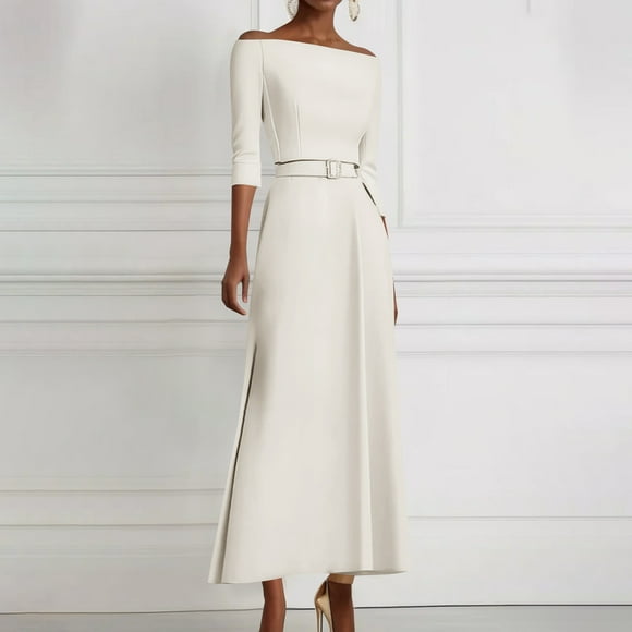 Off the Shoulder Cocktail Dress for Women Elegant 3/4 Sleeve Belted Waist Wedding Guest Formal Business Evening Party Long Dresses White L