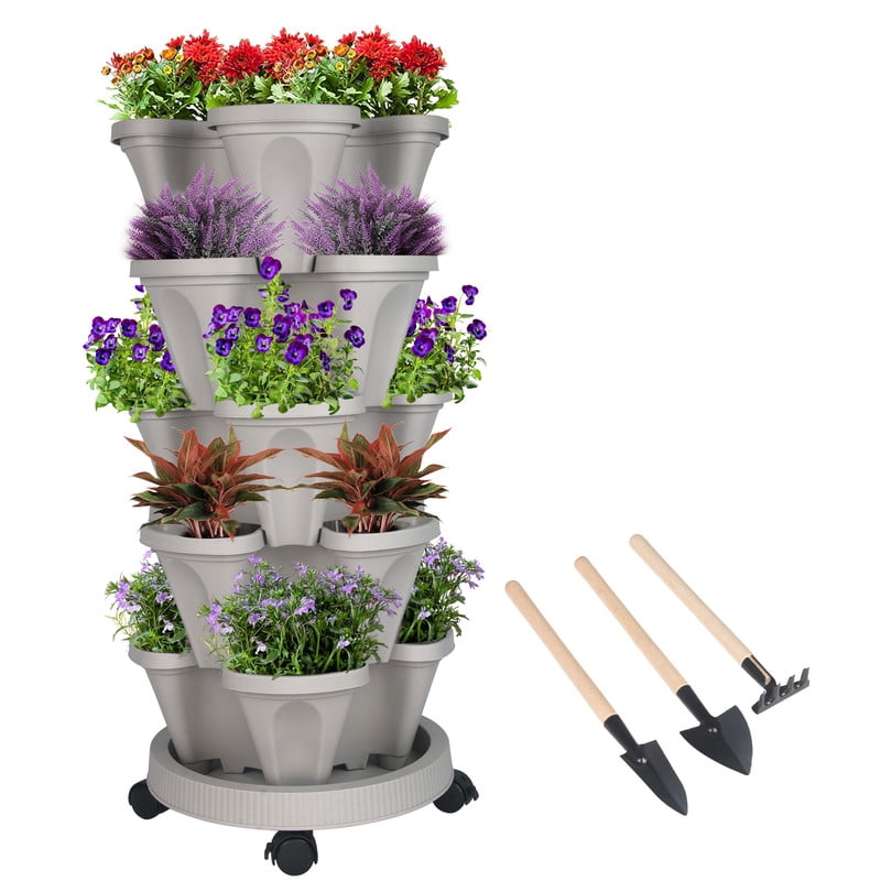 DUNCHATY 5 Tier Stackable Growing System for Strawberries and Herbs, High-Capacity Vertical Planter Tower, Outdoor Raised Garden Bed Alternative with Drainage Holes (Agreeable Gray)