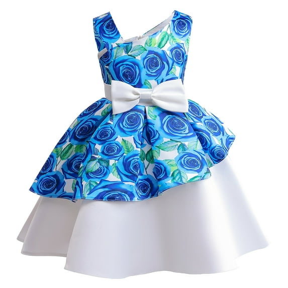 9T Big Girls Wedding Princess Dress Party Dress Formal Prom Dress 10T Big Girls One Shoulder Rose Prints Ruffles Patchwork Solid Color Hemline Sleeveless Wedding Dress Prom TuTu Dress Blue