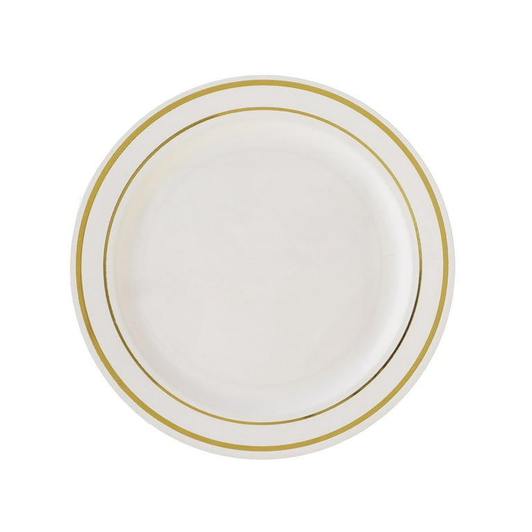 BalsaCircle 10 Pieces Disposable Plastic Dessert Plates 6 Ivory Gold Trim  