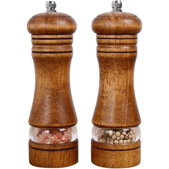 Haomacro Wood Salt and Pepper Grinder Set, Manual Mills with Acrylic Window, Adjustable Ceramic Grinding - 6.5inch, 2 Pack