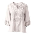 thumbnail image 4 of Cotton Linen Shirts for Women Summer Crew Neck Boho Retro Embroidered Tops 3/4 Sleeve Dressy Casual Blouses Loose Tunics Cute Going Out Beach Vacation Outfits, 4 of 4