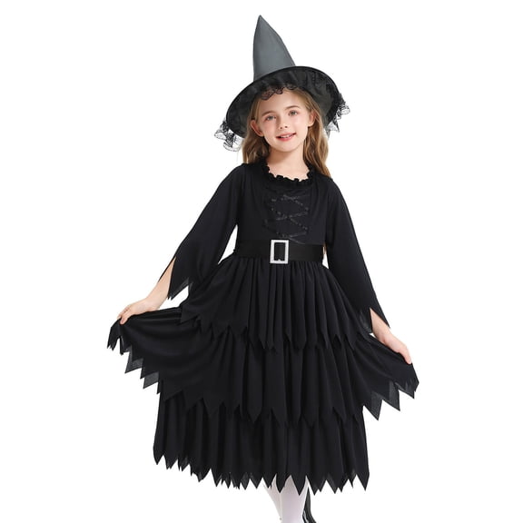 Enjoytime Girls Halloween Costumes Witch Dress Lace Up Witch Dresses with Cape Hat Belt Vintage Party Witch Outfit