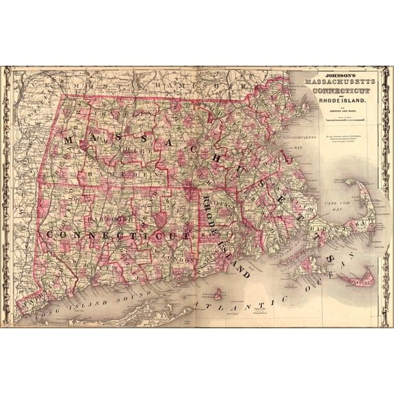 24"x36" Gallery Poster, map Massachusetts Connecticut Rhode Island 1862