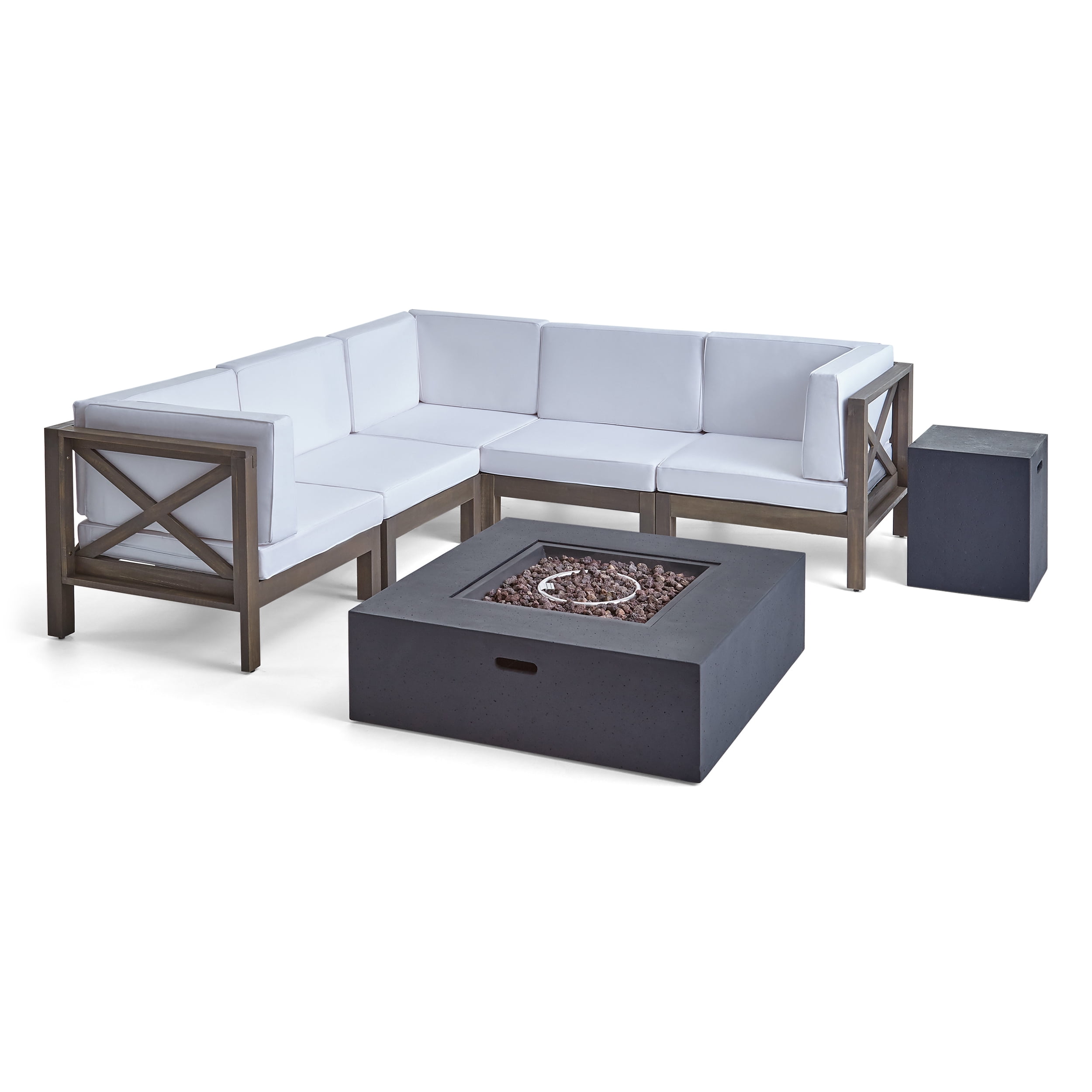 Elisha Outdoor 7 Piece Acacia Wood Sectional Sofa Set with Cushions and Fire Pit, Gray, White, Dark Gray