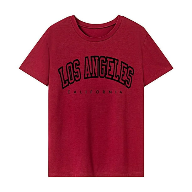Camiseta de verano con cuello redondo para mujer, camiseta de moda con cuello redondo para viajes y vacaciones Rojo
