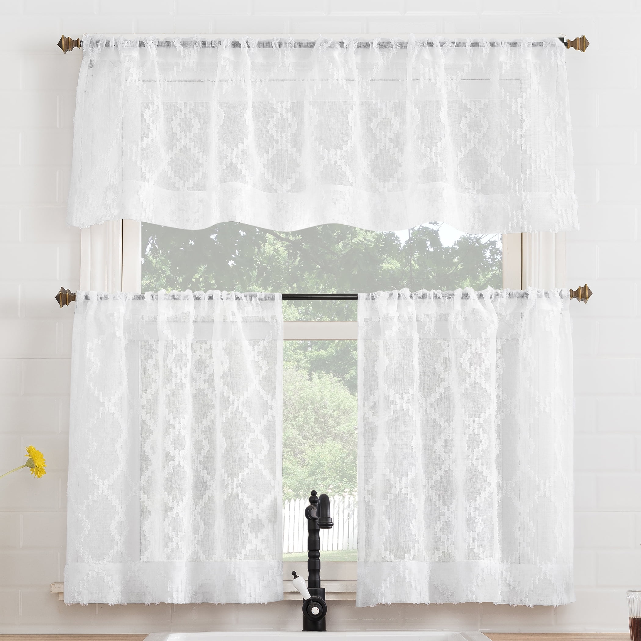 No. 918 Tina Geometric Clipped Semi-Sheer Rod Pocket Kitchen Curtains, 54"x15"