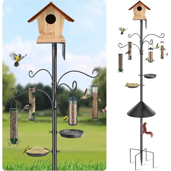 KOLAKO 92 inch Bird House Pole, Squirrel Proof Bird Feeder Pole Stand Heavy Duty Bird Feeder Hanger with Shepherd Hooks, Water Bowl, Feeder Tray, Baffle for Outdoor