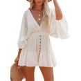 thumbnail image 3 of Women Summer Sexy Beach Wear Bikini Cover Up Flare Sleeve Lace Floral Ruffle Dress Deep V-Neck Midi Boho Sundress, 3 of 9