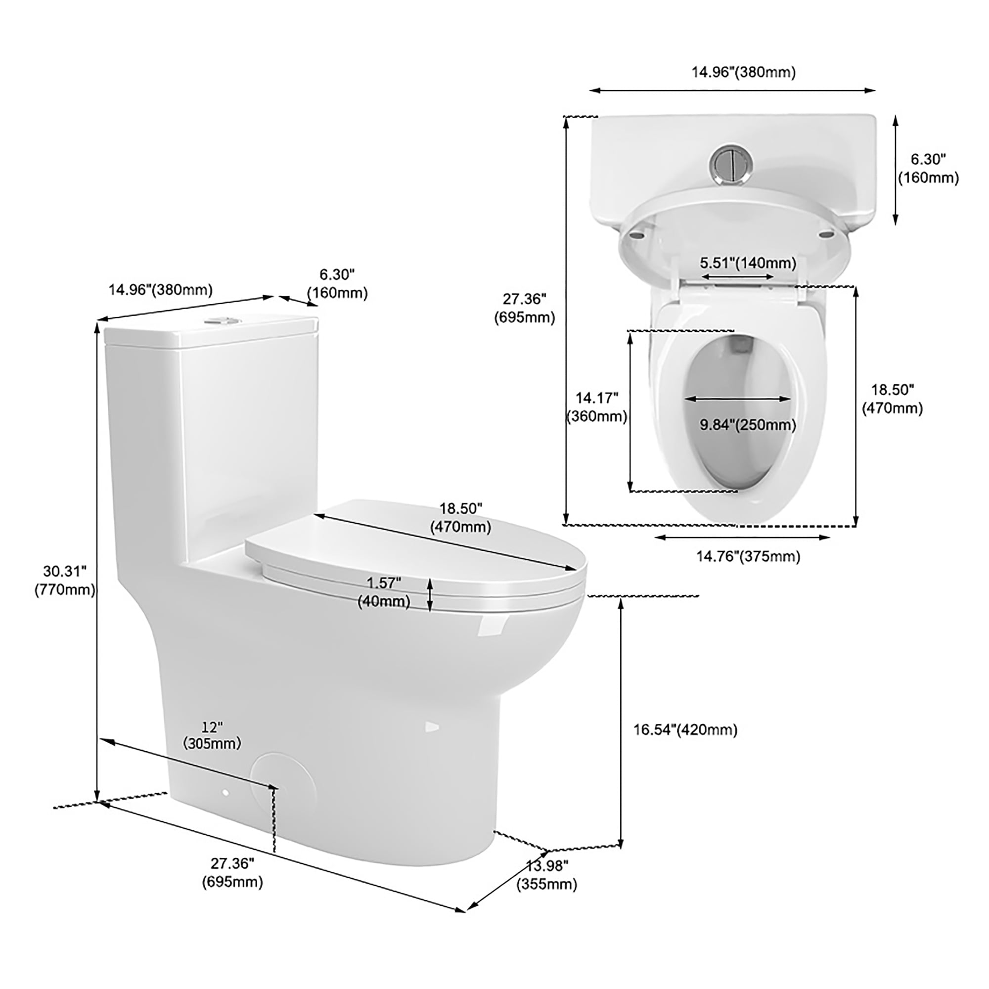 Trumanpick Elongated One-Piece Toilet, 17" ADA Comfort Height Seat, Dual Flush 1.1/1.6 GPF, 12" Rough-in, Bathroom High Efficiency Toilet