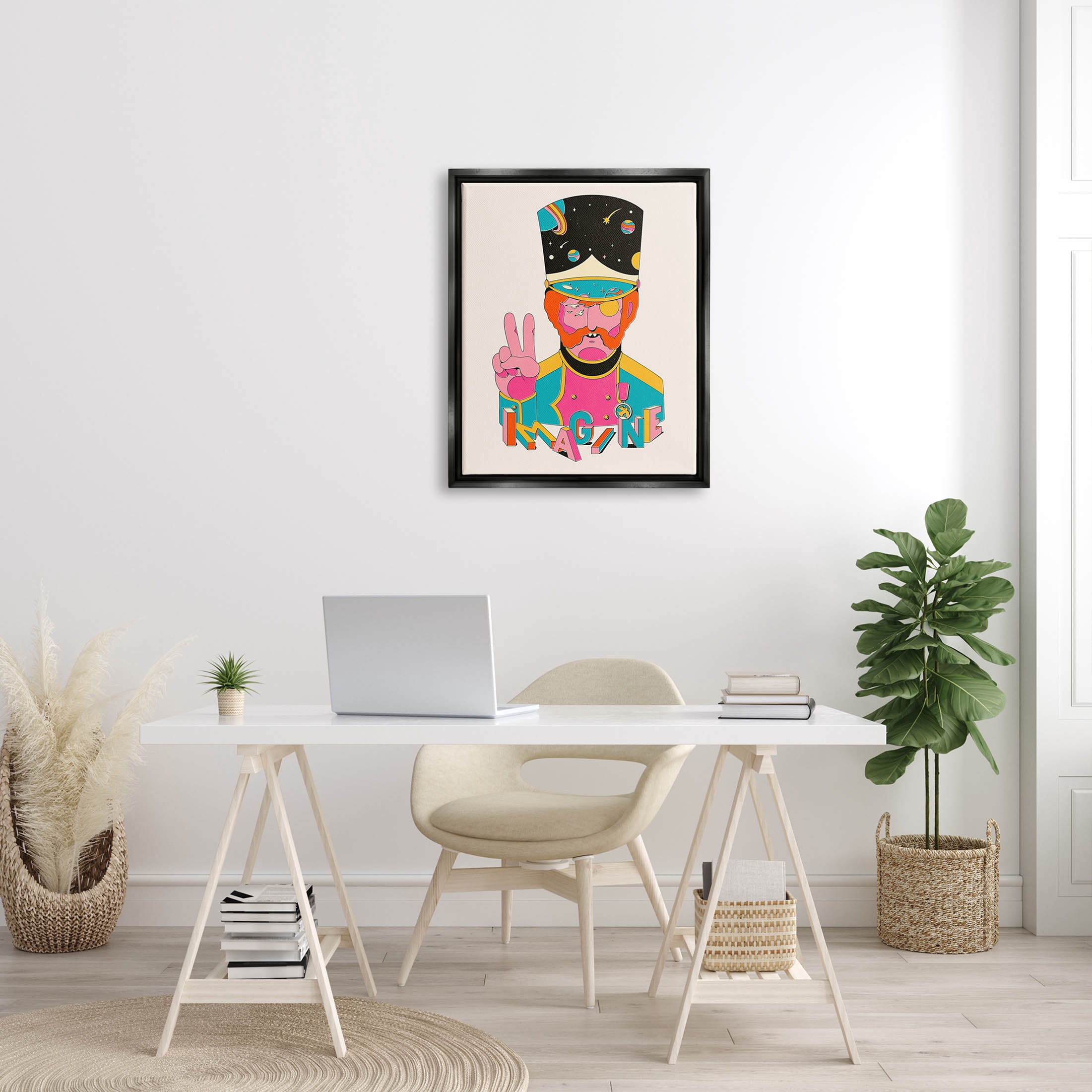Stupell Industries Imagine Abstract Retro Peace Sign Graphic Art Jet Black Floating Framed Canvas Print Wall Art, Design by Matheus Lopes Castro