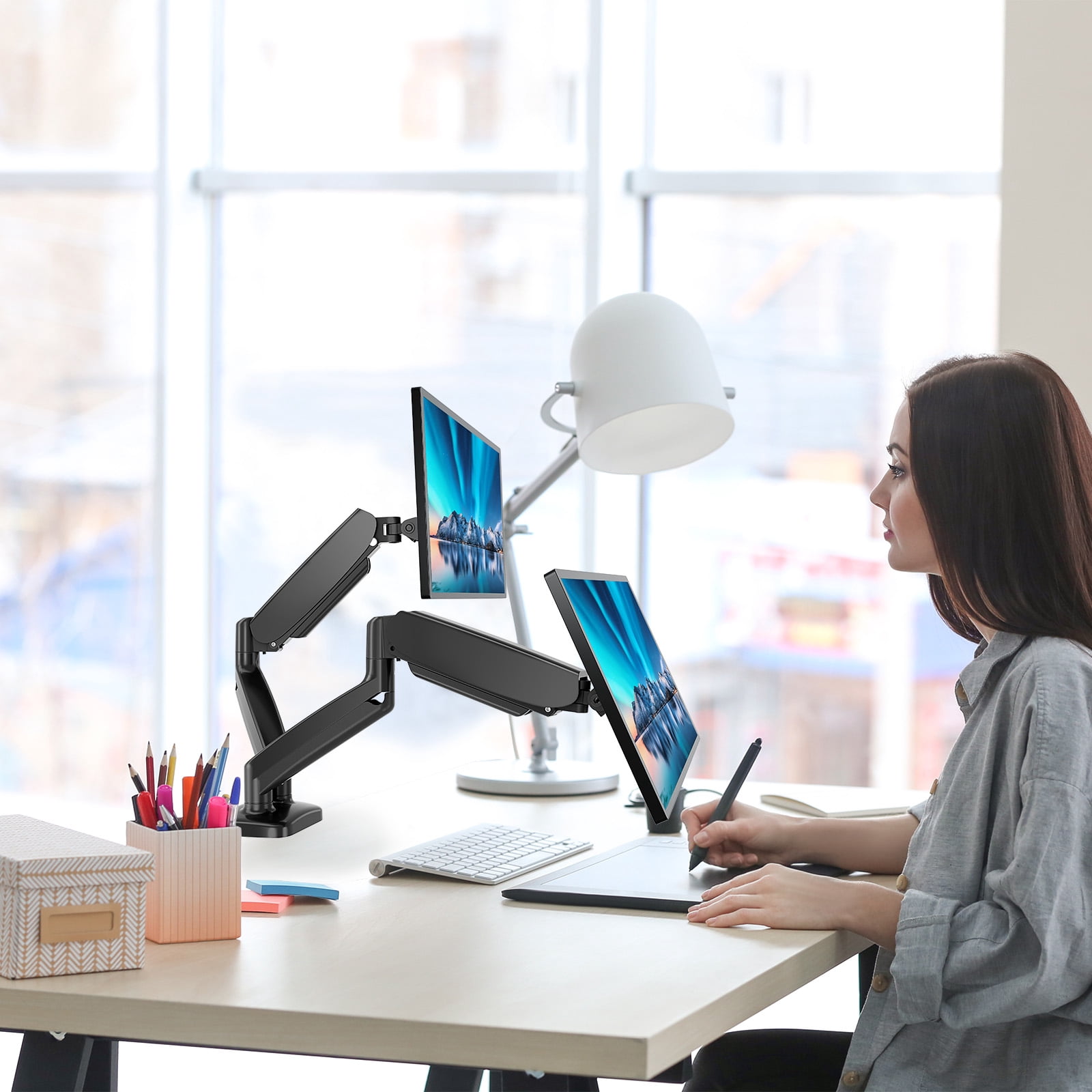 CONCETTA Dual Monitor Arm, Spring-Adjustable Desk Mount for 13-32" Screens, Supports up to 17.6lbs