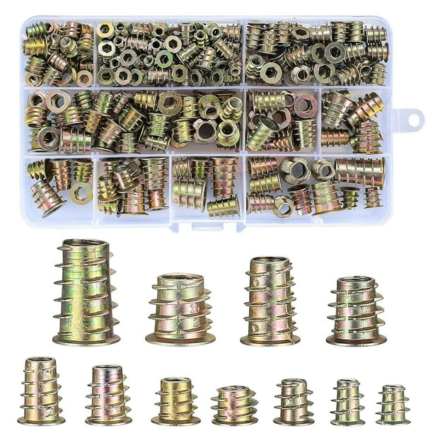 230 piezas de tuercas de inserción roscadas, kit de herramientas de surtido de tuercas de inserción de madera roscadas, 11 tamaños métricos M4/M5/M6/M8/M10 Tornillo hexagonal para muebles