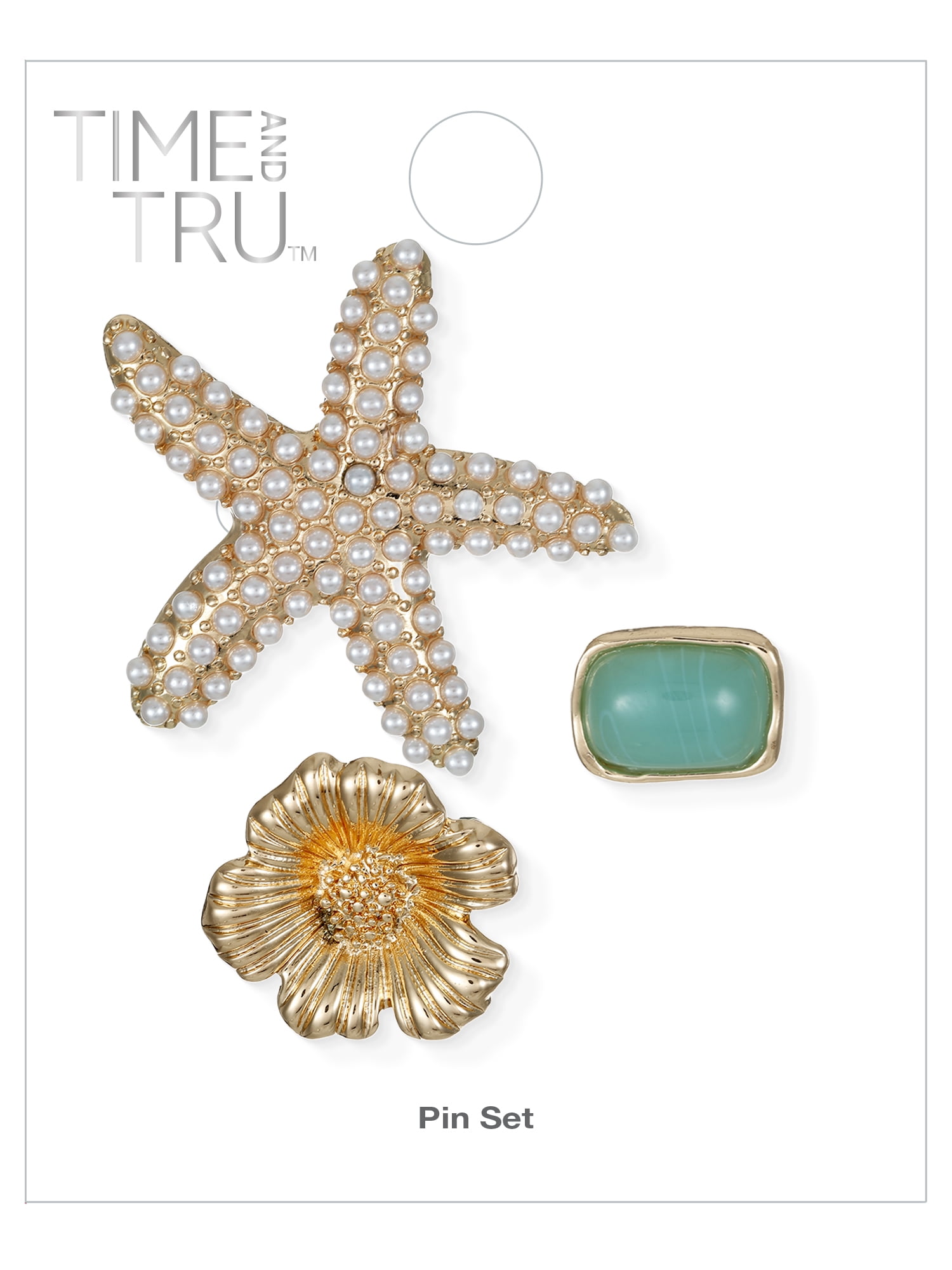 Time and Tru Starfish, Flower & Green Stone Brooch/Charm Set