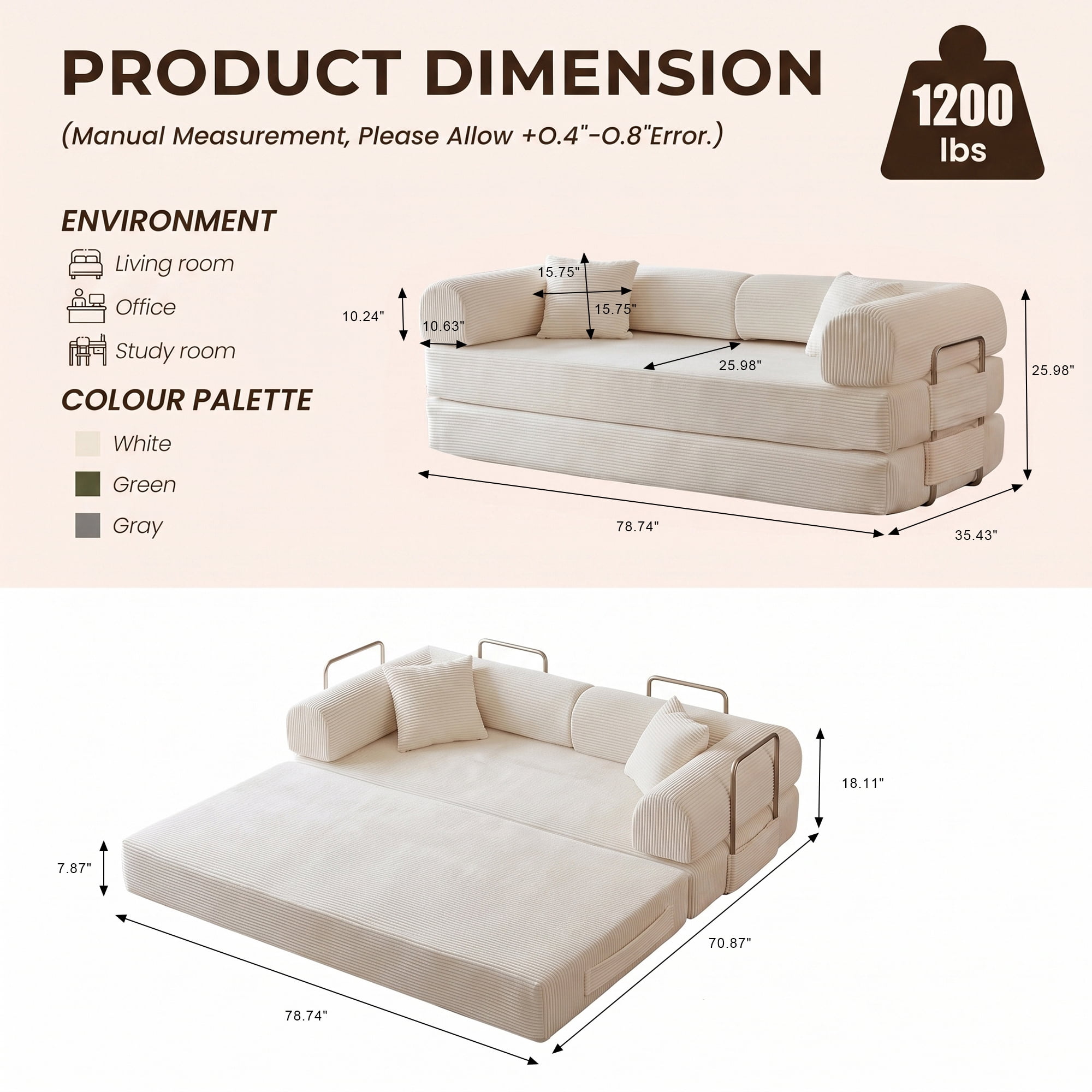 Aukfa 79" Convertible Futon Sofa Bed with Fixed Frame, 5-in-1 Boneless Couch for Living Room, Corduroy, White