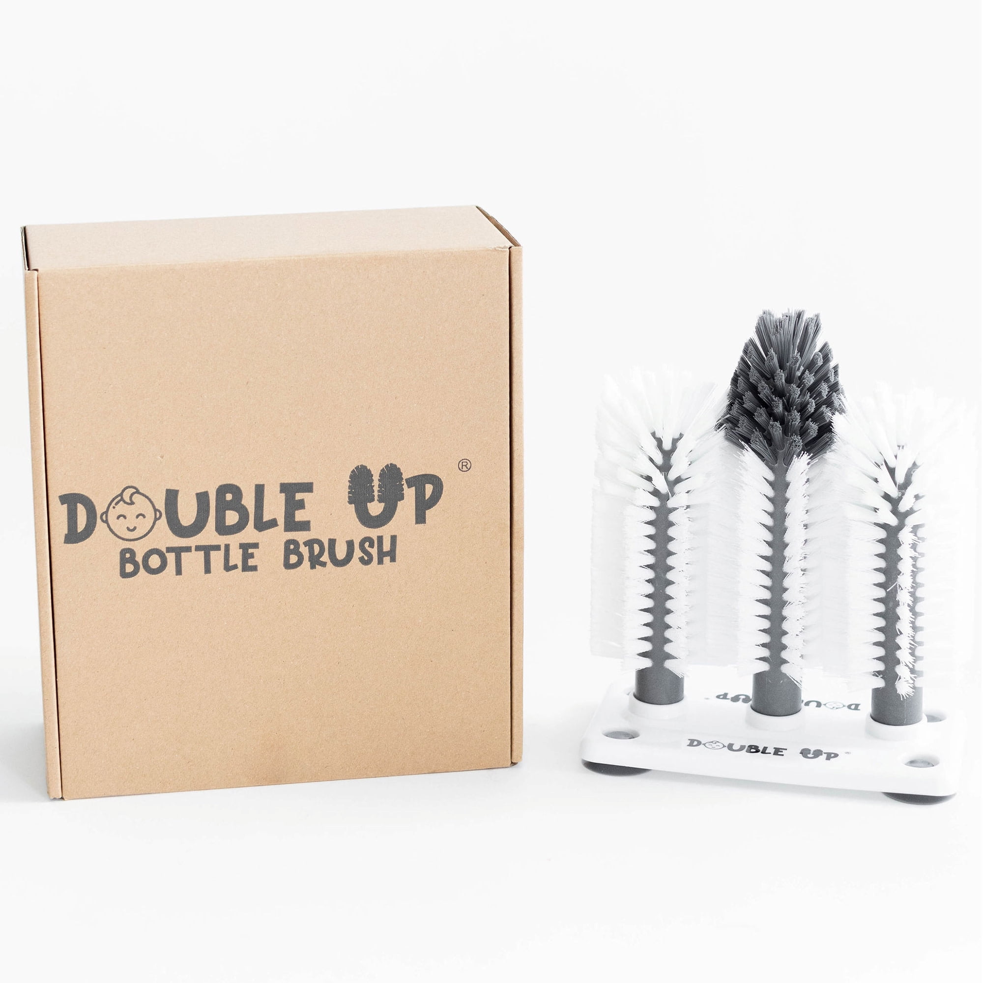 Double Up Bottle Brush - Clean 2 Baby Bottles At Once, Dense Washing Bristles, Suction Base, Nipple Scrub, Dishwasher Safe, Newborn Feeding Essential