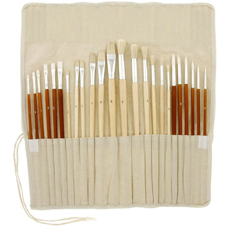 US Art Supply 24pc Oil & Acrylic Paint Long Handle Brush Set FREE Canvas (Best Paint Brush For Lettering)