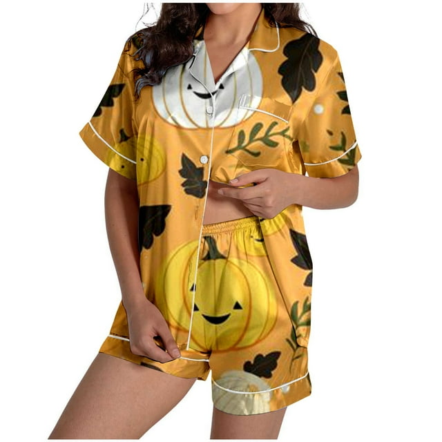 GDREDA Pyjama Grande Taille pour Femmes Pyjama Multicolore Imprimé en Satin de Soie à Manches Courtes à Boutons Ensemble de Pyjama pour Femmes Ensembles de Pyjama pyjamas Jaune,P