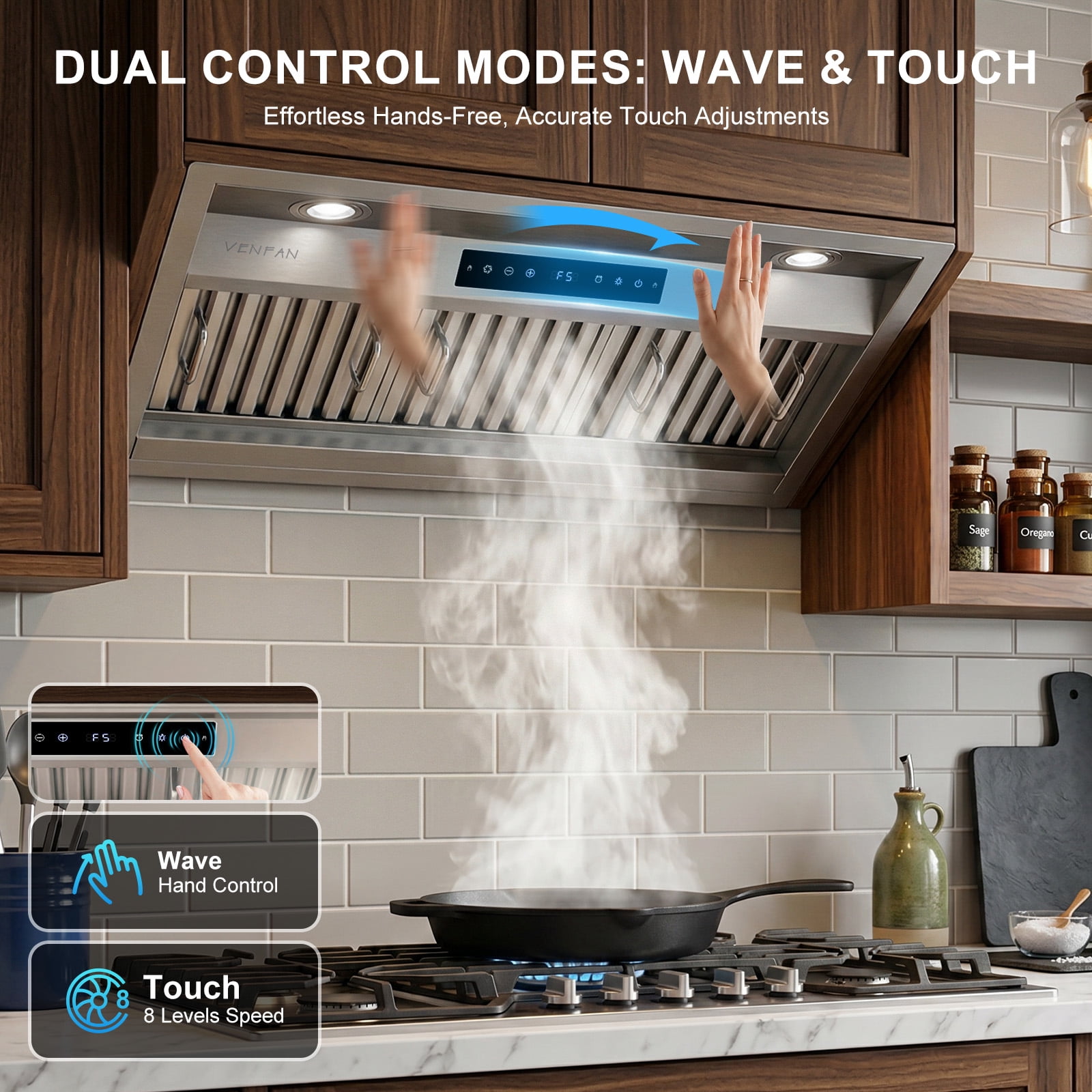 VENFAN 36 Inch Range Hood Insert , 1200 CFM Ultra Quiet Kitchen Vent Hood, Gesture & Touch Control, Ducted/Ductless Convertible, Stainless Steel with Memory Function
