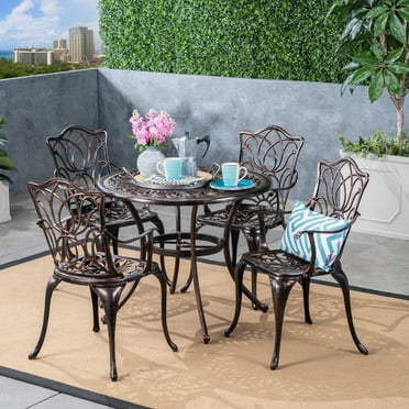 Clayton Outdoor 5 Piece Cast Aluminum Round-Table Dining Set, Shiny Copper