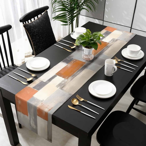 Burnt Orange Grey Cotton Linen Table Runner 13 x 70 inch Modern Abstract Oil Painting Non-slip Rectangular Dining Table Decor for Wedding Party Holiday Dinner