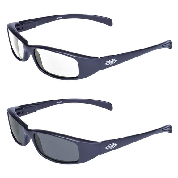 2 Pair Global Vision New Attitude Black Sport Motorcycle Riding Sunglasses 1 with Clear Lens and 1 with Smoke Lens