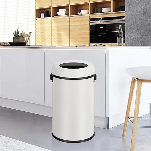 Basics Round Stainless Steel Trash Can with Open Swing lid, Large Kitchen Round Can - 65 Litre/ 17.2 Gallon, Silver, Black,White
