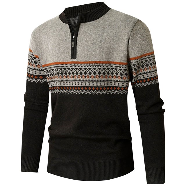 Birdeem Stand-Up Collar Sweater Mens Winter Ethnic Style Printed Design Long Sleeved Zippered Standing Neck Sweater