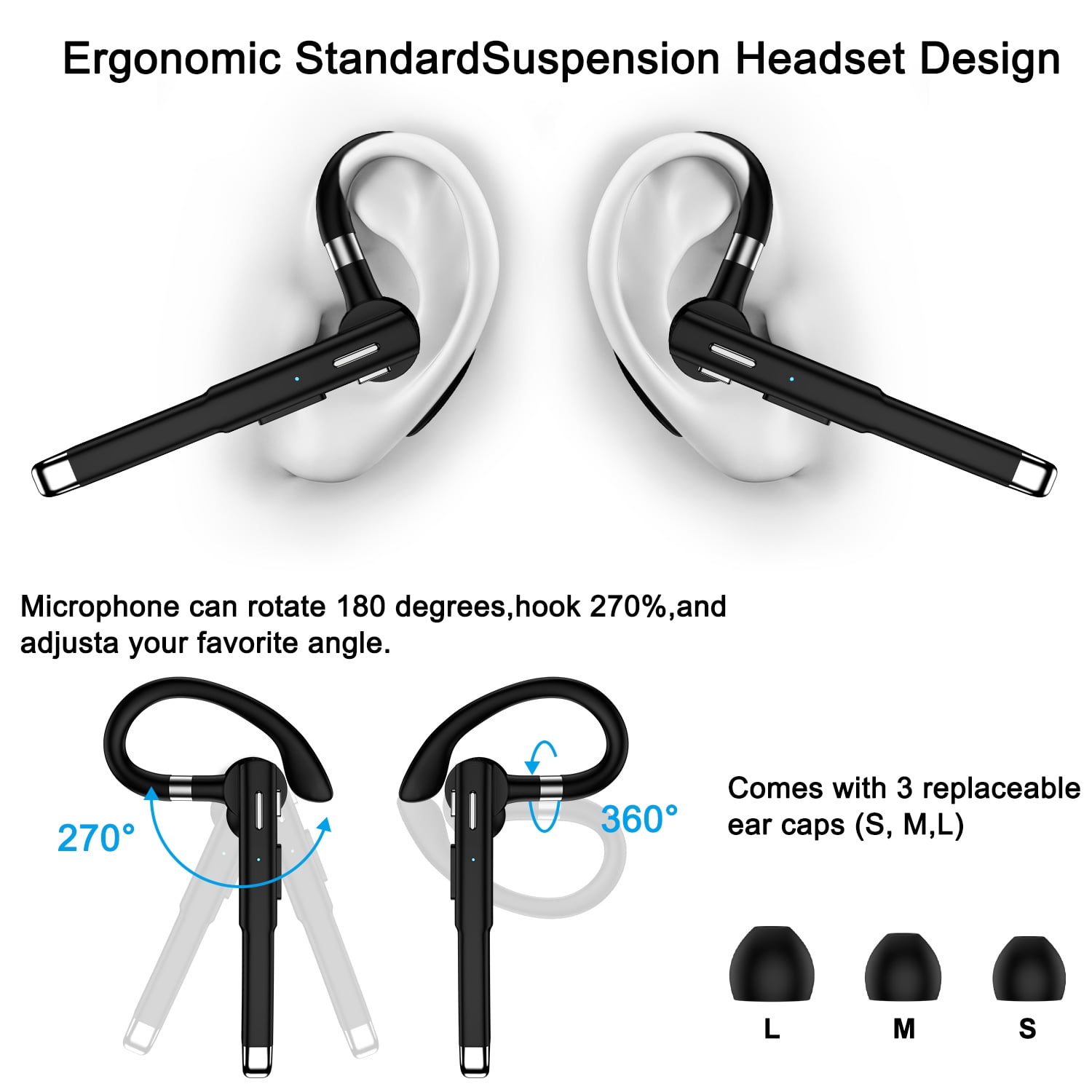 Bluetooth Headset,Wireless Bluetooth Earpiece for Cell Phone W 500mAh Charging Case 180Hrs Standby Time Built-in Microphone for iPhone,Android,Business Hands-Free Headphones for Truckers,Driver