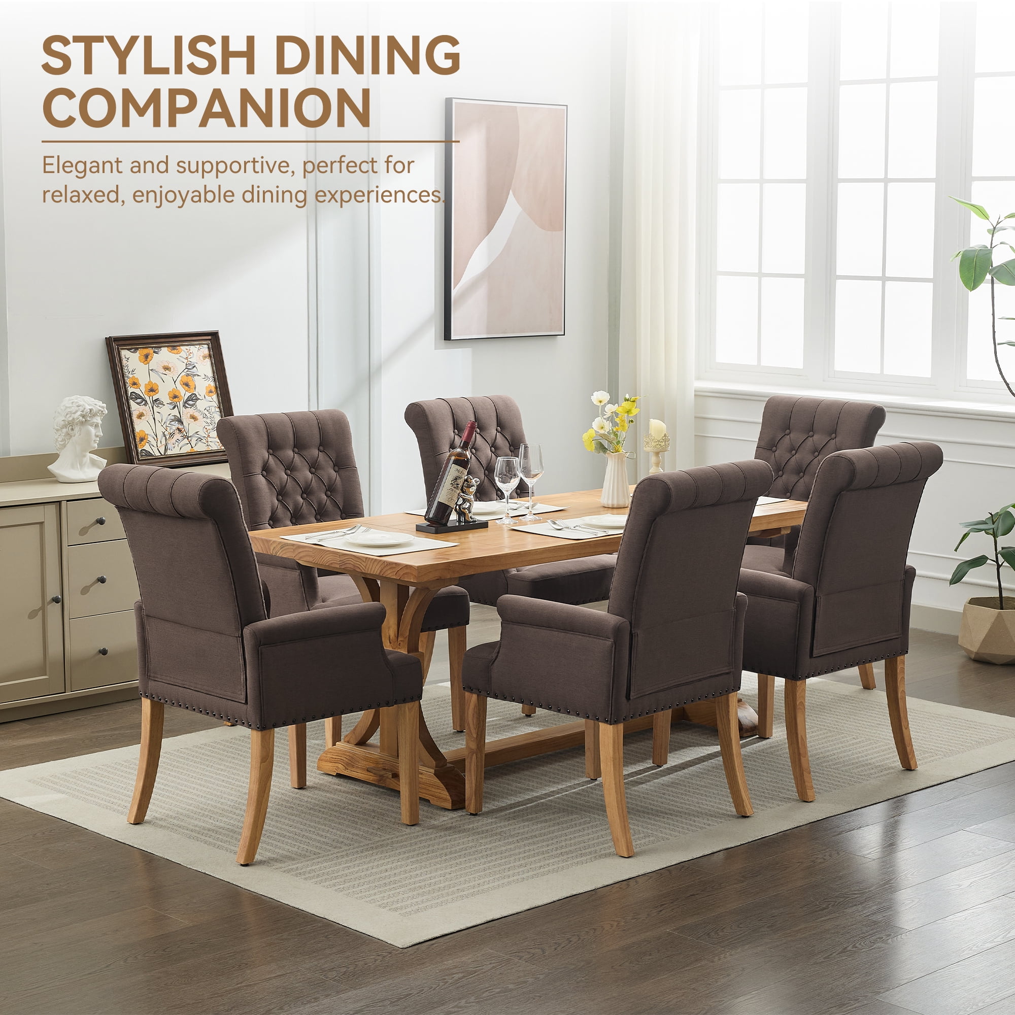 Fabric Upholstered Dining Chair with Arms, Tufted High Back Accent Coffee Armchair for Kitchen Dining Room Living Room, Brown