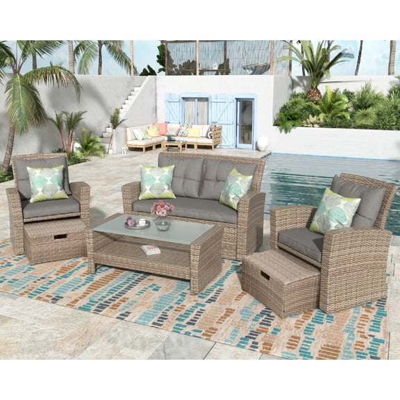 Highsound 4 Piece Patio Furniture Set, Wicker Outdoor Conversation Set with Cusions & Coffee Table, Rattan Sofa Chair Set, Gray