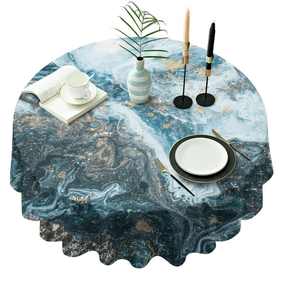 Watercolor White Navy Blue Marble Abstract Round Table Cloth,Wrinkle Free Table Cover with Polyester,Waterproof Reusable Tablecloth for Kitchen Picnic Party (Round,60x60inch)