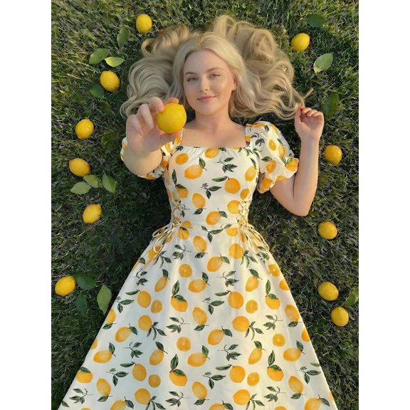 Multicolor Lemon Print Midi Dress With Puff Sleeves Square Neck Side Tie Waist Flowy Skirt
