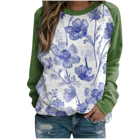 IROINNID Polyester Long Sleeve T Shirt for Women Comfortable Spring Fall Patchwork Flowers Printed Round Neck Tee Tops,Green
