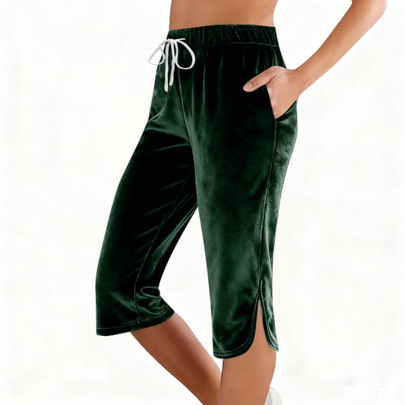 Gamivast Capri Pants for Women Velvet Drawstring Elastic Waist Soft Pant with Pockets Comfy Side Slit Relaxed Fitted Trousers Casual Party Outfits