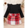 thumbnail image 5 of Seyurigaoka Toddler Baby Girl Fall Winter Knit Ribbed Clothes Solid Color Long Sleeve Ruffle Sweater Tops + Plaid Mini Skirt Set, 5 of 9