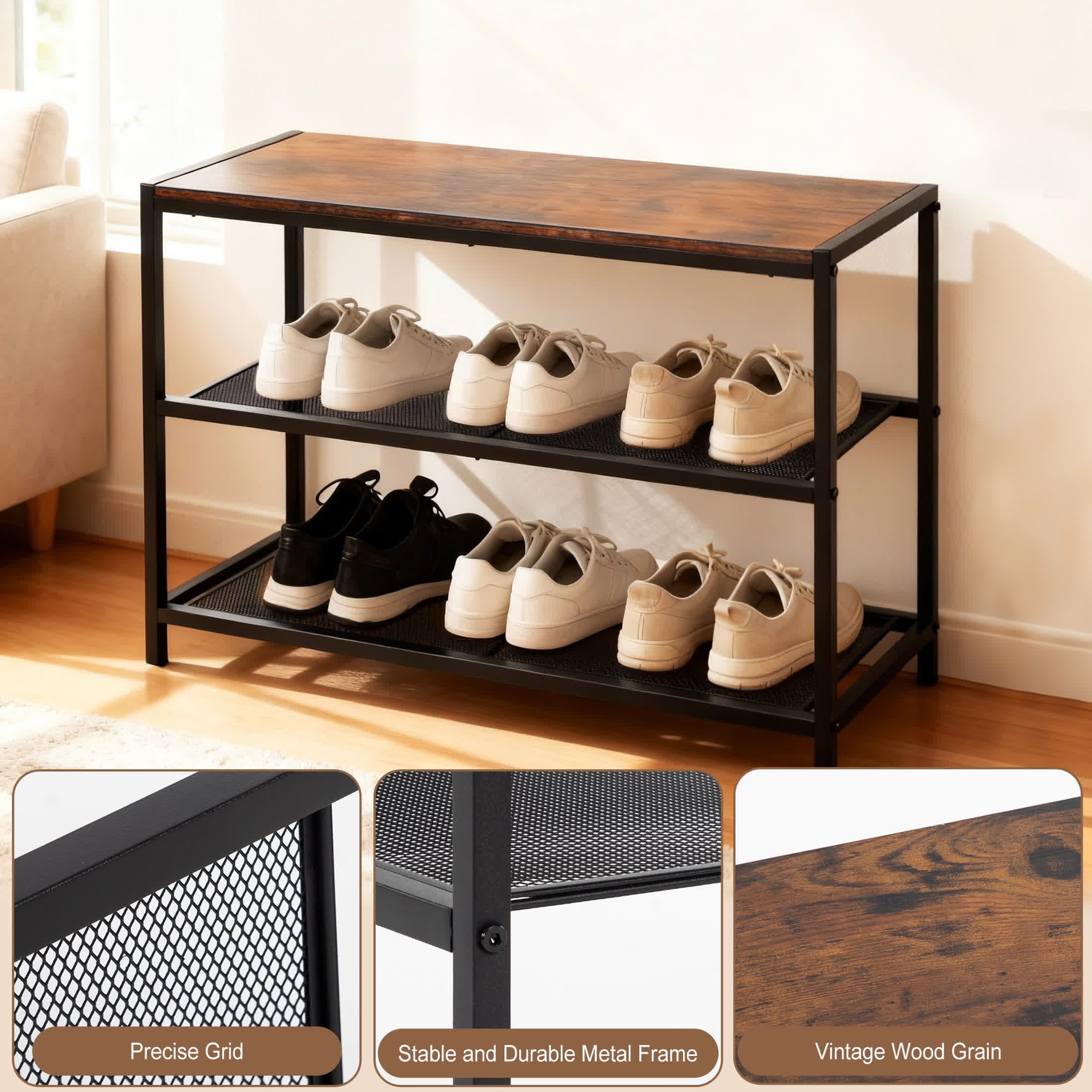 edx Shoe Rack Bench, 3-Tier Industrial Shoe Storage Organizer, 28.3inches Entry Bench with Mesh Shelves for Living Room, Entryway, Rustic Brown