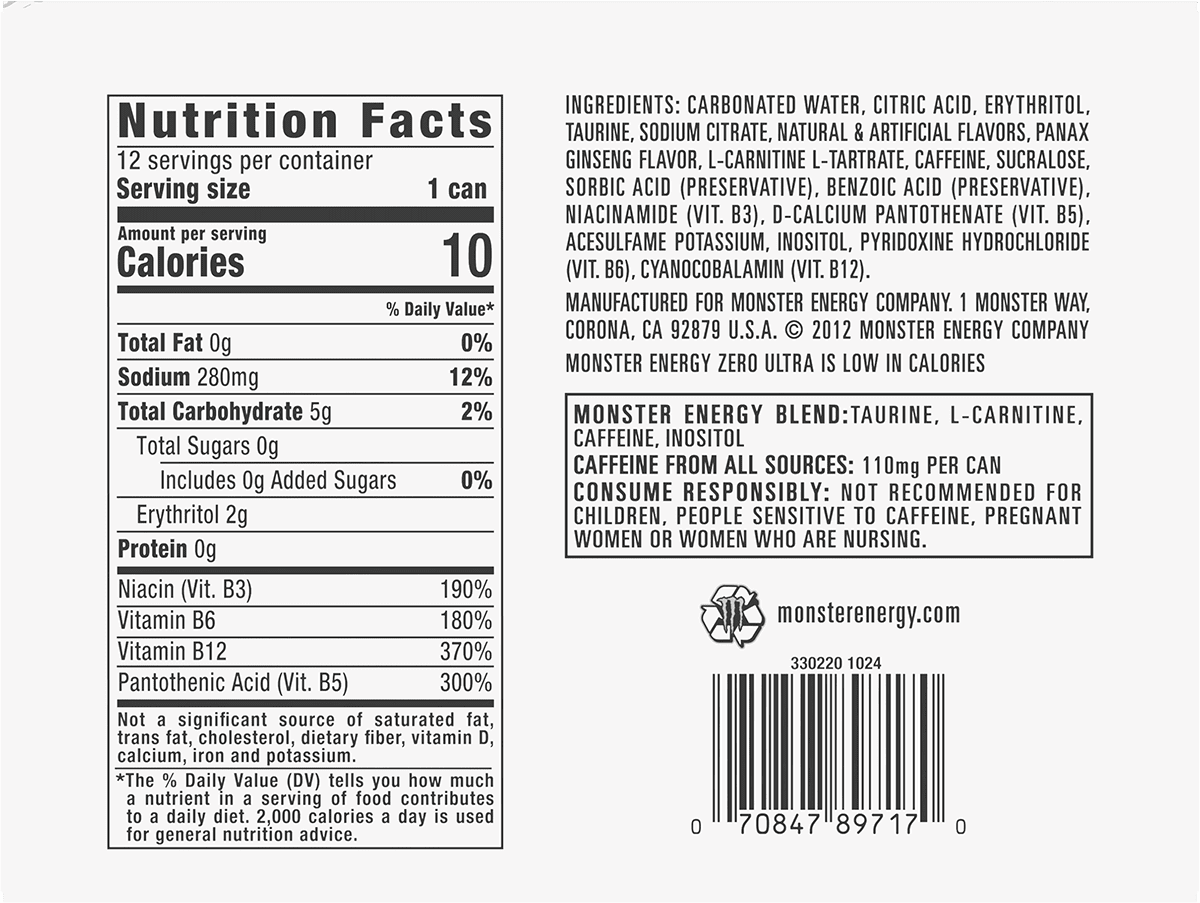 Monster Energy, Zero Ultra, Sugar Free Energy Drink, 12 fl oz, 12 cans