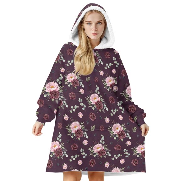 Wearable Lamb Fleece Blanket Hoodie,Pioneer Flower Floral Print Pattern Oversized Sherpa Blanket Hoodie with Super Pockets,Super Warm Fuzzy Pullover for Women & Men